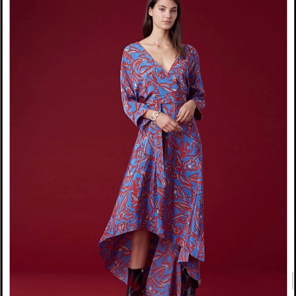 NWOT DVF Silk Dress M Long Sleeve Asymmetric Hem Elsden Wrap Maxi Tie High Low